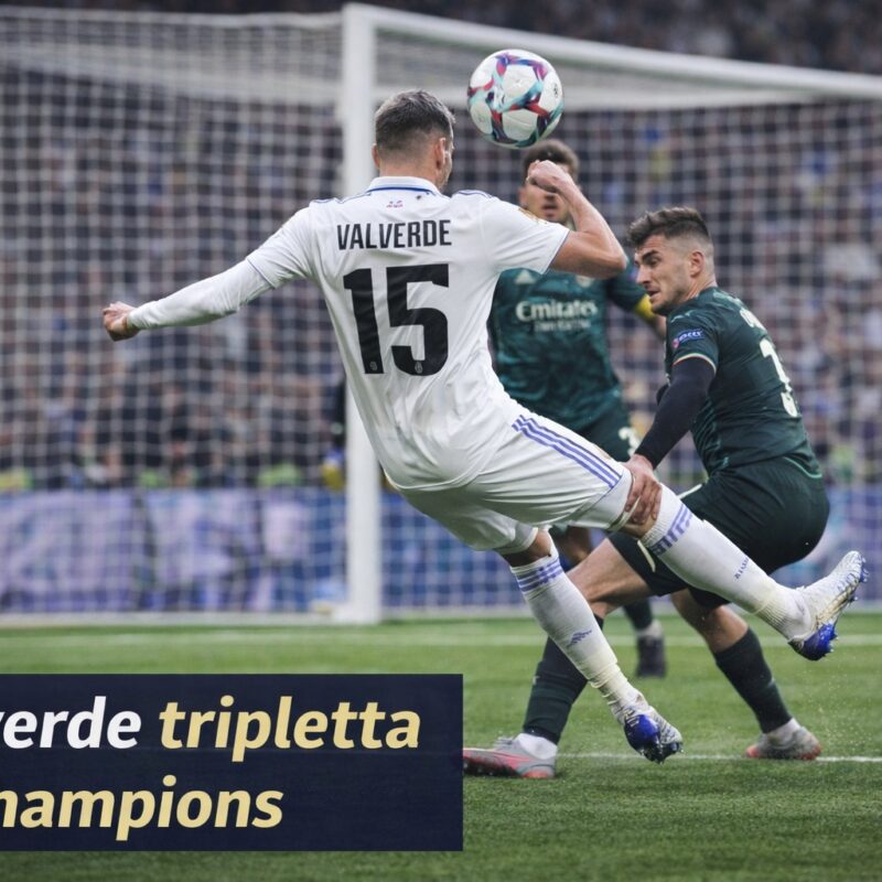 Valverde tripletta in Champions – Federico Valverde di spalle con maglia del Real Madrid esegue un sombrero davanti alla porta contro un difensore