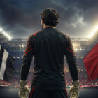 Portiere di spalle in uno stadio illuminato in stile realistico, rappresentazione di Alisson in un contesto calcistico ad alta intensità