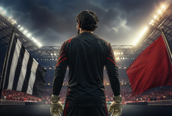 Portiere di spalle in uno stadio illuminato in stile realistico, rappresentazione di Alisson in un contesto calcistico ad alta intensità