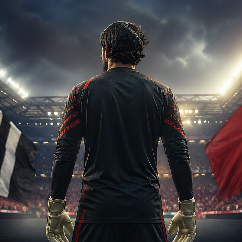 Portiere di spalle in uno stadio illuminato in stile realistico, rappresentazione di Alisson in un contesto calcistico ad alta intensità