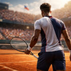 Arthur Fils tennista di spalle su campo in terra battuta durante una partita intensa