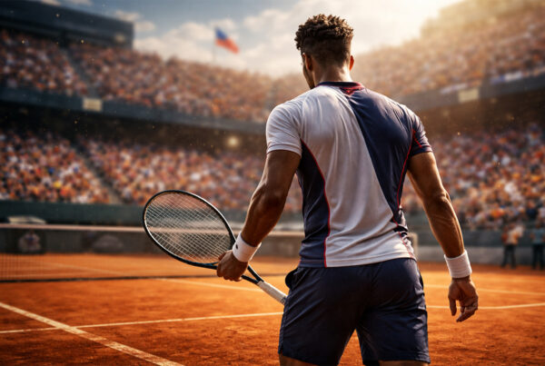 Arthur Fils tennista di spalle su campo in terra battuta durante una partita intensa