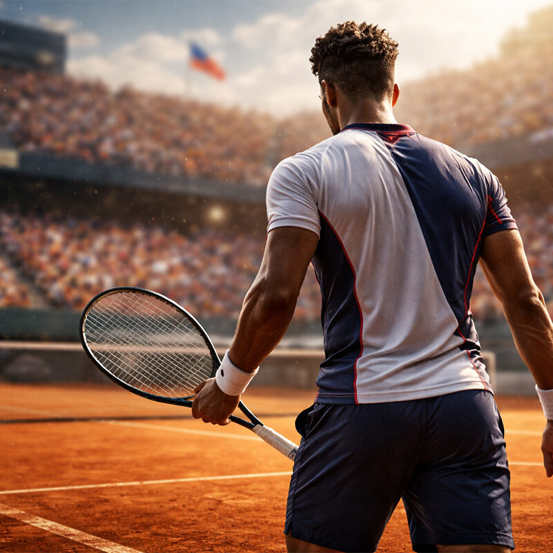 Arthur Fils tennista di spalle su campo in terra battuta durante una partita intensa