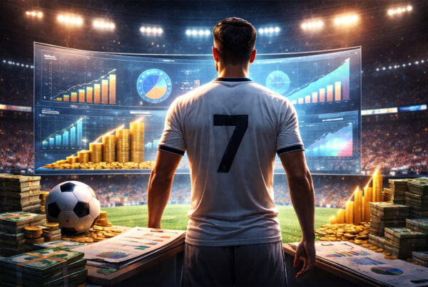 Calciatore di spalle in uno stadio con grafici finanziari e dati economici sui bilanci club europei