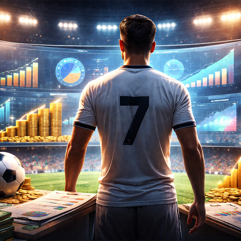 Calciatore di spalle in uno stadio con grafici finanziari e dati economici sui bilanci club europei