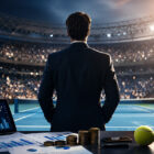 Manager di spalle osserva campo da tennis con grafici finanziari e trofeo, rappresentazione visiva del bilancio ATP