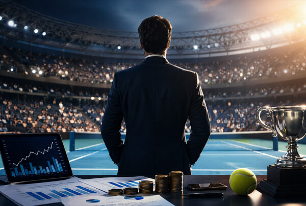 Manager di spalle osserva campo da tennis con grafici finanziari e trofeo, rappresentazione visiva del bilancio ATP