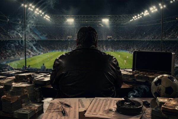 Uomo di spalle osserva partita di calcio con soldi e scommesse illegali, scena ispirata ai Capitoni