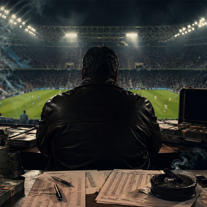 Uomo di spalle osserva partita di calcio con soldi e scommesse illegali, scena ispirata ai Capitoni