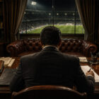 Dirigente di spalle in ufficio osserva lo stadio durante una trattativa di comproprietà nel calcio