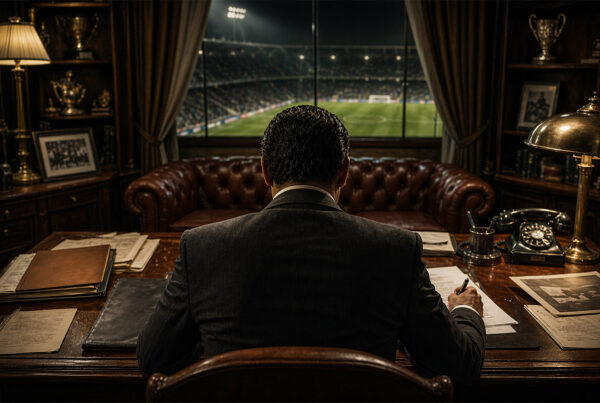 Dirigente di spalle in ufficio osserva lo stadio durante una trattativa di comproprietà nel calcio