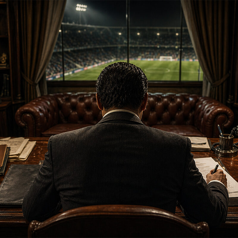 Dirigente di spalle in ufficio osserva lo stadio durante una trattativa di comproprietà nel calcio
