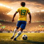 Denilson calciatore storia, giocatore brasiliano di spalle con maglia numero 19 mentre dribbla in uno stadio illuminato al tramonto