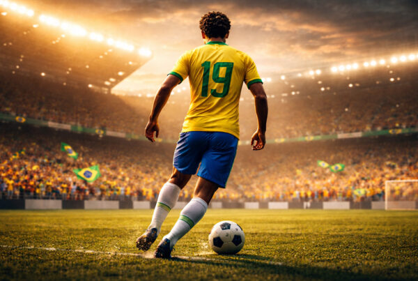 Denilson calciatore storia, giocatore brasiliano di spalle con maglia numero 19 mentre dribbla in uno stadio illuminato al tramonto