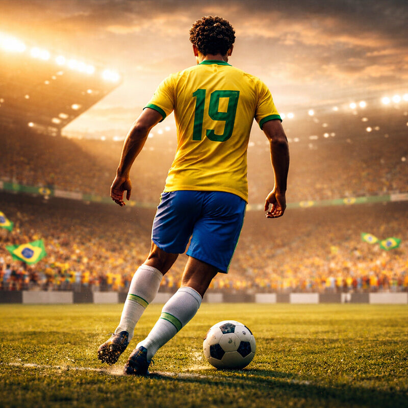 Denilson calciatore storia, giocatore brasiliano di spalle con maglia numero 19 mentre dribbla in uno stadio illuminato al tramonto