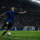 Dimarco assist record, calciatore nerazzurro di spalle batte un calcio d’angolo in uno stadio gremito