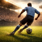 Dribbling della Gallina: calciatore di spalle esegue un dribbling su campo da calcio verde in stile realistico