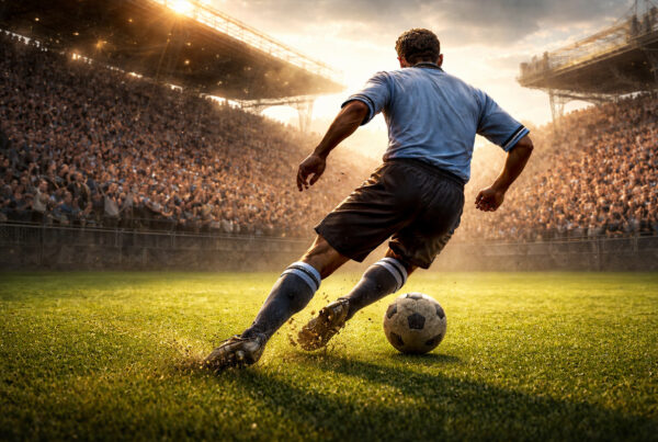 Dribbling della Gallina: calciatore di spalle esegue un dribbling su campo da calcio verde in stile realistico