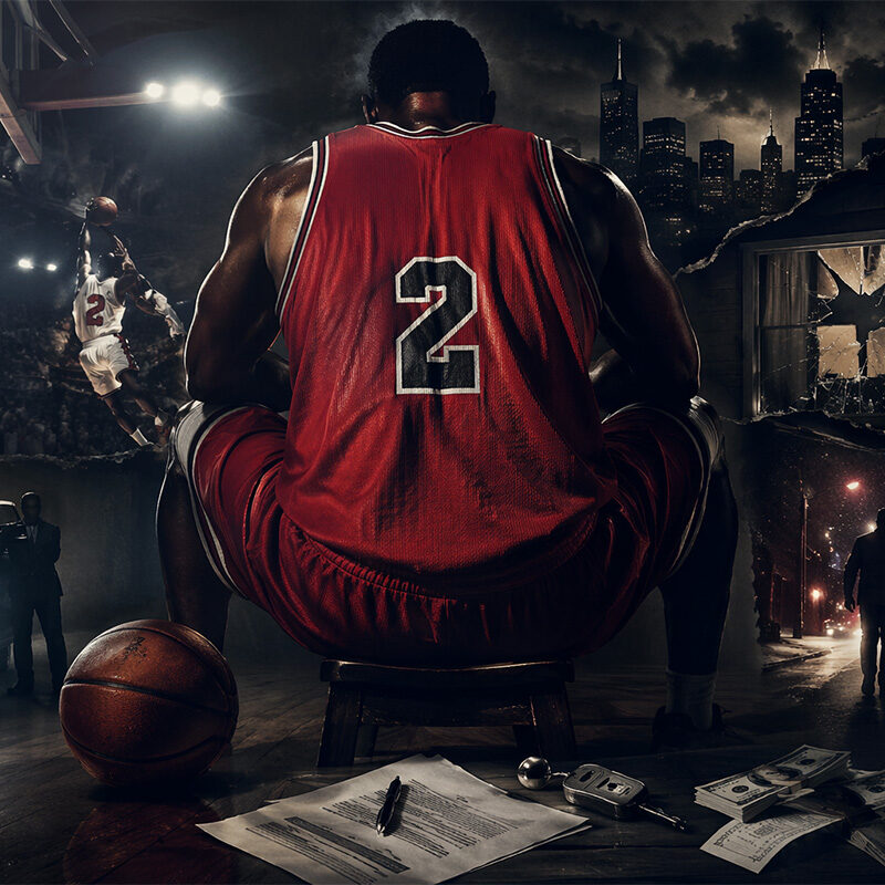 Eddie Curry rappresentato di spalle in un’illustrazione sportiva realistica NBA tra carriera e difficoltà personali