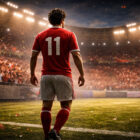 El Pitufo storia rappresentata con calciatore di spalle in campo illuminato