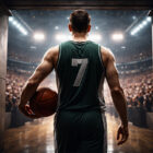 Ersan Ilyasova, giocatore di basket visto di spalle entra in un’arena NBA illuminata