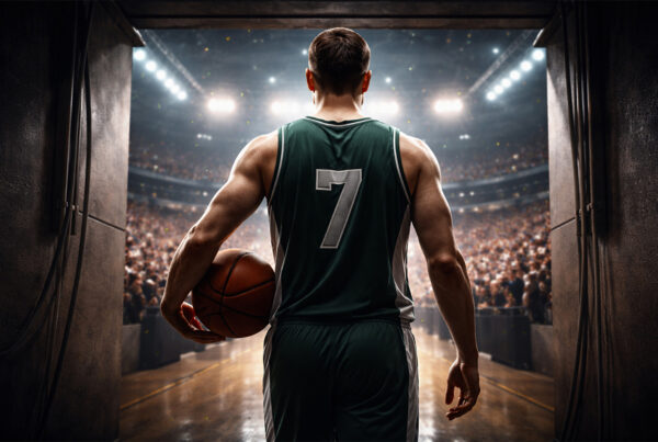 Ersan Ilyasova, giocatore di basket visto di spalle entra in un’arena NBA illuminata