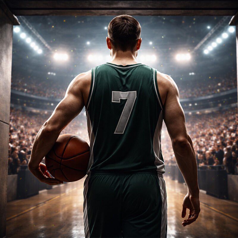 Ersan Ilyasova, giocatore di basket visto di spalle entra in un’arena NBA illuminata