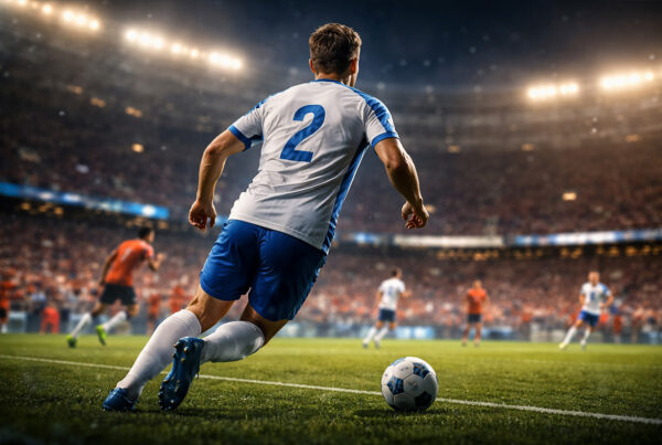 Terzino in azione sulla fascia durante una partita di calcio in uno stadio illuminato