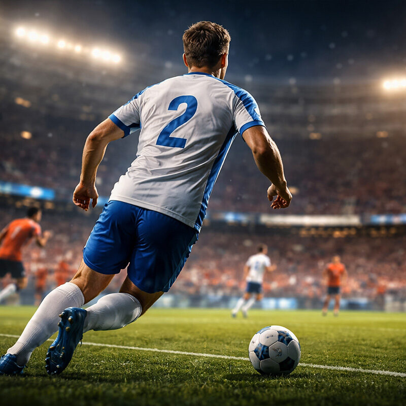 Terzino in azione sulla fascia durante una partita di calcio in uno stadio illuminato