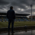 Uomo di spalle osserva uno stadio vuoto durante il fallimento Parma 2015 sotto un cielo cupo