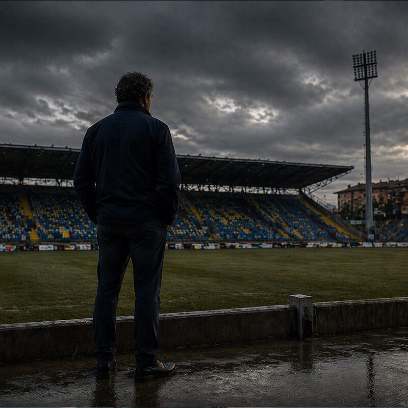 Uomo di spalle osserva uno stadio vuoto durante il fallimento Parma 2015 sotto un cielo cupo