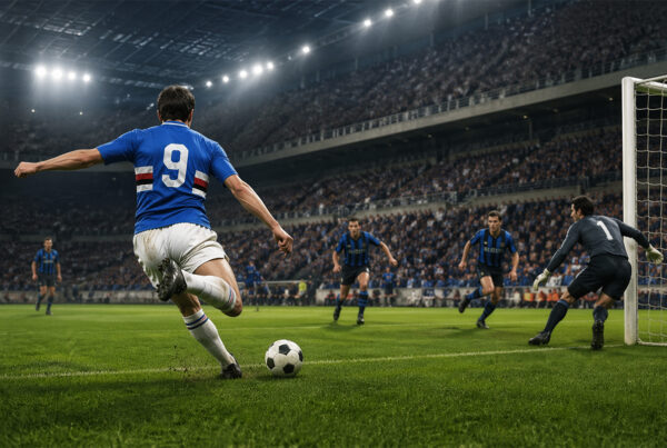 Francis Trevor mentre calcia in porta in una scena di calcio iperrealistica a San Siro