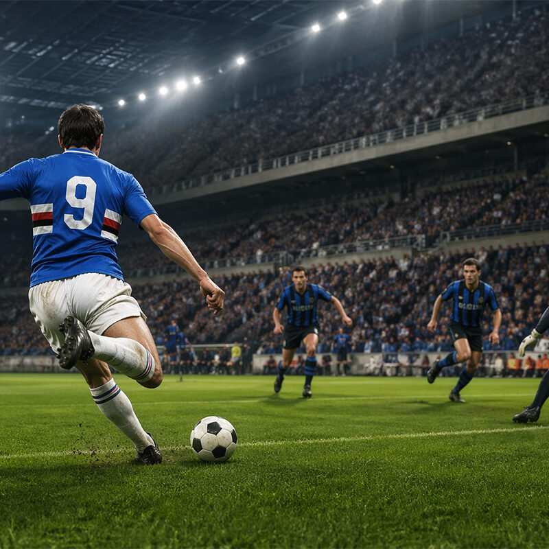 Francis Trevor mentre calcia in porta in una scena di calcio iperrealistica a San Siro