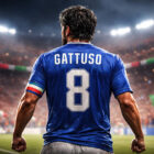 Gennaro Gattuso di spalle con maglia azzurra durante una partita in uno stadio pieno