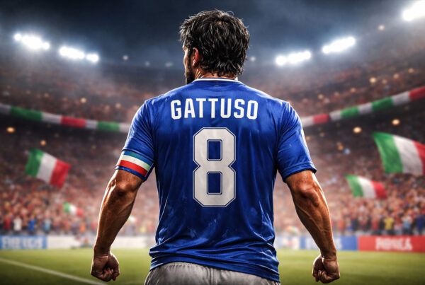 Gennaro Gattuso di spalle con maglia azzurra durante una partita in uno stadio pieno