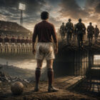 Guido Tieghi di spalle in campo da calcio con scena divisa tra guerra, carcere e tragedia del dopoguerra