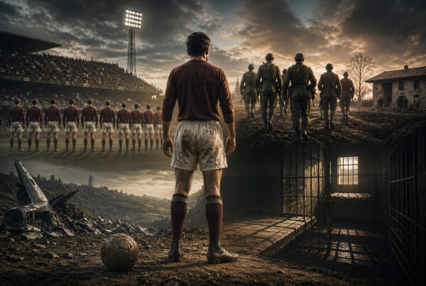 Guido Tieghi di spalle in campo da calcio con scena divisa tra guerra, carcere e tragedia del dopoguerra