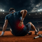 Infortuni tennis: giocatore seduto a terra con dolore alla schiena durante una partita notturna