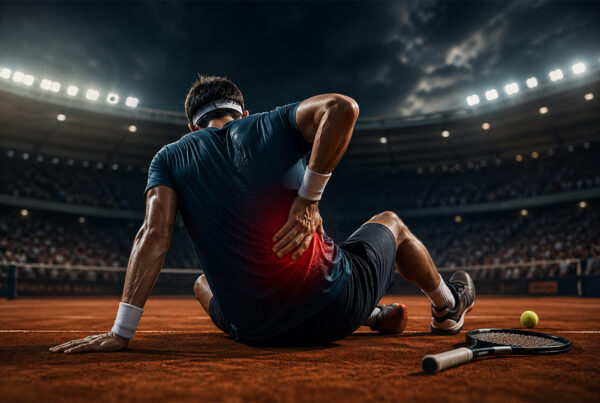 Infortuni tennis: giocatore seduto a terra con dolore alla schiena durante una partita notturna