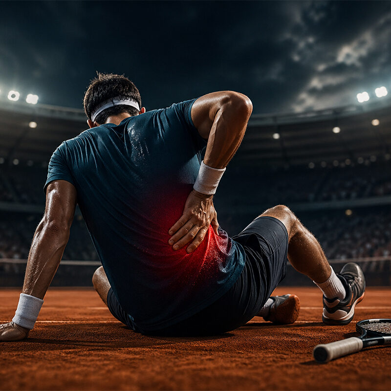 Infortuni tennis: giocatore seduto a terra con dolore alla schiena durante una partita notturna