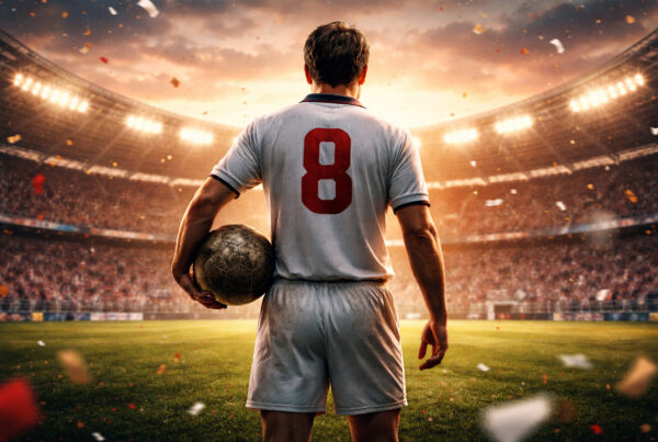 Illustrazione realistica di Jimmy Greaves di spalle in uno stadio con maglia numero 8 durante una partita di calcio