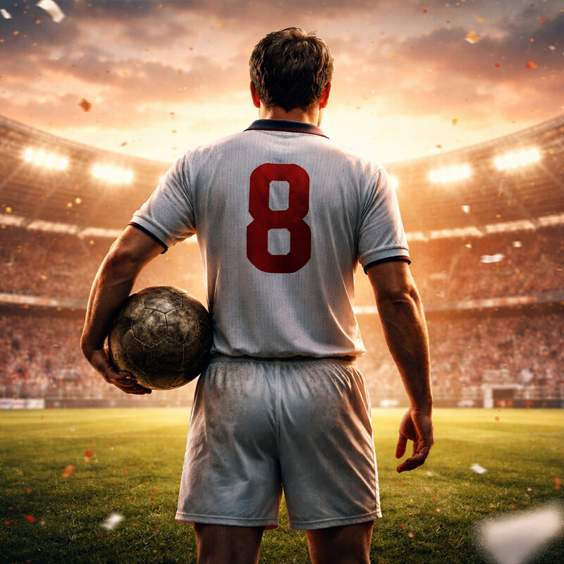 Illustrazione realistica di Jimmy Greaves di spalle in uno stadio con maglia numero 8 durante una partita di calcio