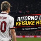 Ritorno di Keisuke Honda: giocatore di spalle con maglia bianca stile Milan allo stadio, grafica sportiva con titolo e sottotitolo