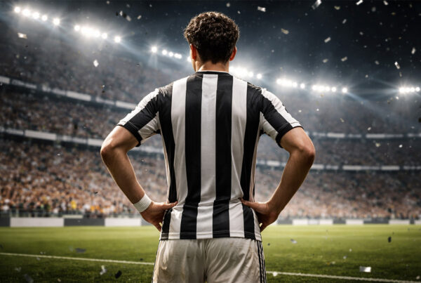 Manuel Ugarte Juve centrocampista visto di spalle in uno stadio illuminato durante una partita