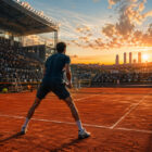 Giocatore di tennis di spalle al Masters Madrid su campo in terra battuta veloce durante il tramonto