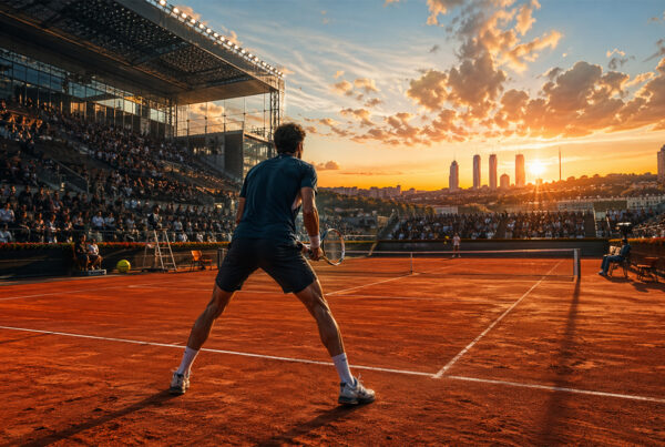 Giocatore di tennis di spalle al Masters Madrid su campo in terra battuta veloce durante il tramonto