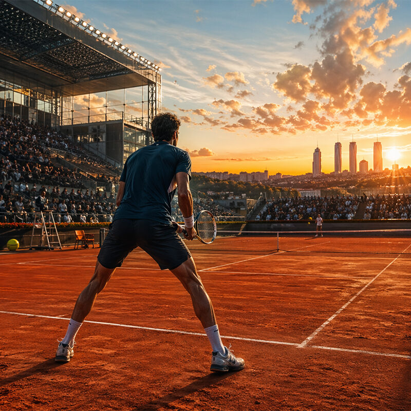Giocatore di tennis di spalle al Masters Madrid su campo in terra battuta veloce durante il tramonto