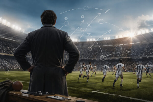 Allenatore di spalle osserva la squadra in campo mentre applica il movimiento calcio durante una partita in uno stadio affollato