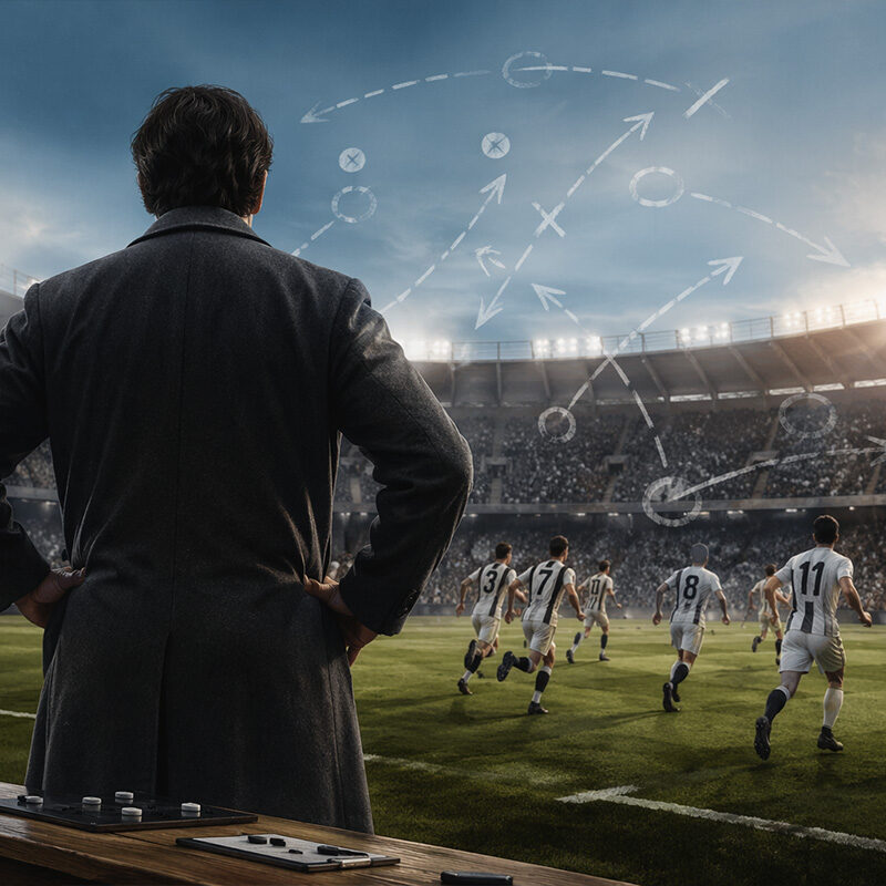 Allenatore di spalle osserva la squadra in campo mentre applica il movimiento calcio durante una partita in uno stadio affollato