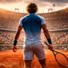 Musetti su campo in terra rossa visto di spalle durante una partita in uno stadio pieno
